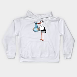 The stork who delivers the baby boy. Vector gender illustration. Kids Hoodie